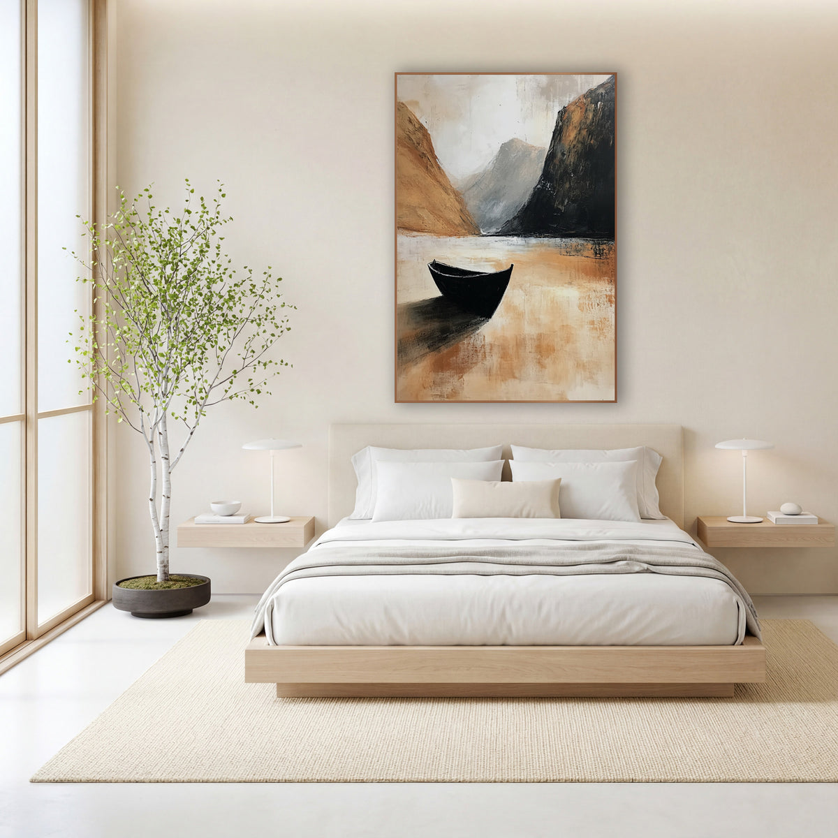 Lone Black Boat Mountain Landscape wall art in a calm Japandi-style room – black boat on still pale water between
