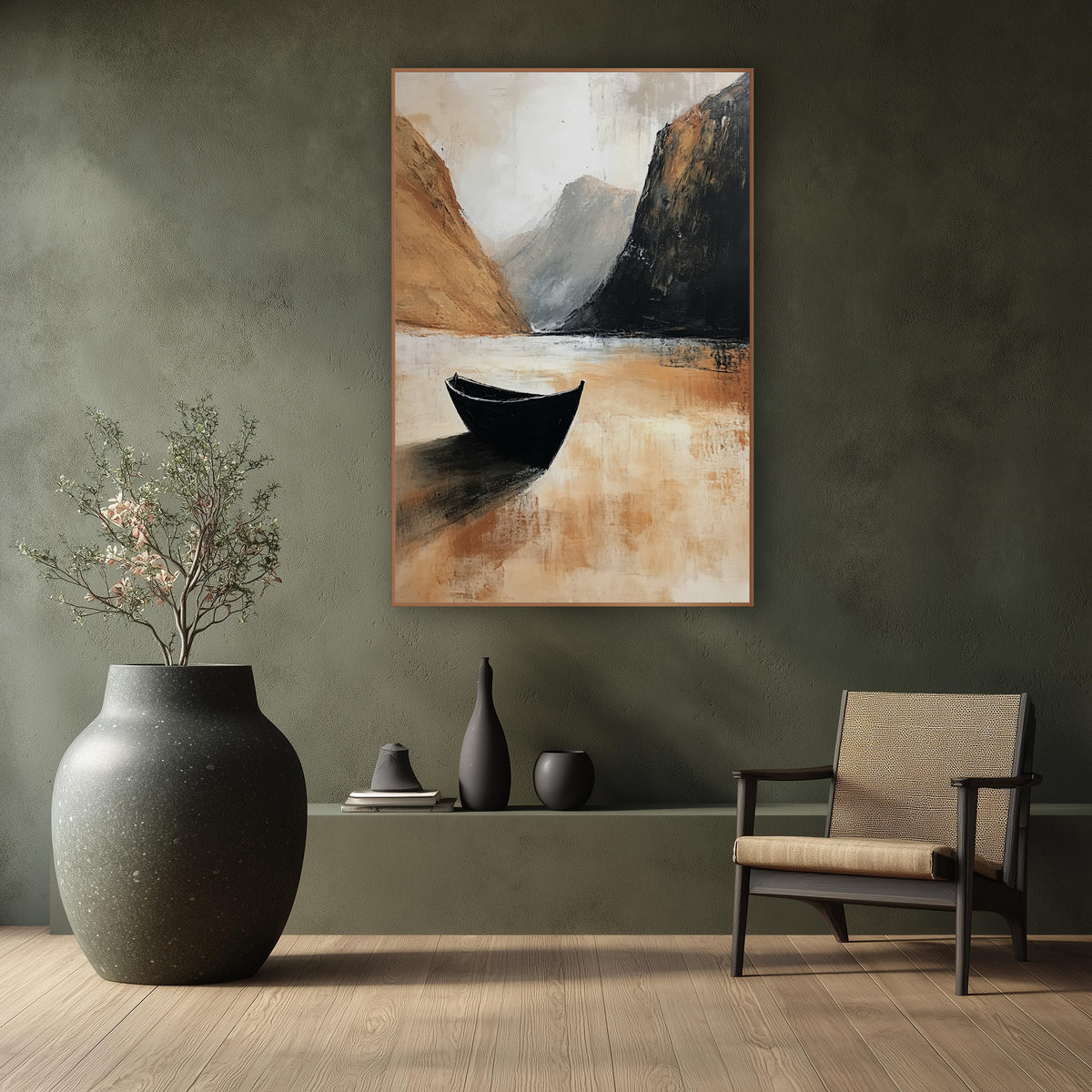 Lone Black Boat Mountain Landscape wall art in a calm Japandi-style room – black boat on still pale water between