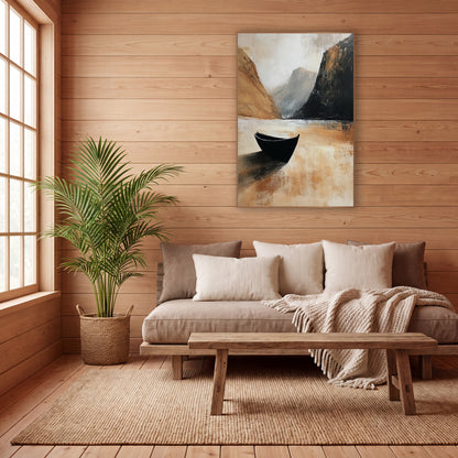 Lone Black Boat Mountain Landscape wall art in a calm Japandi-style room – black boat on still pale water between
