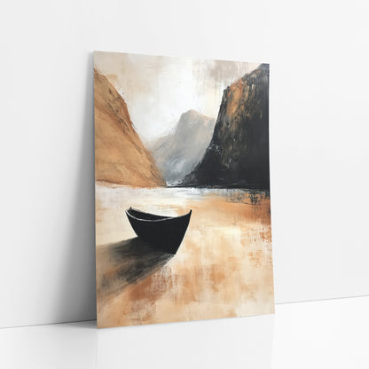 Lone Black Boat Mountain Landscape art print leaning against a white wall – black boat on still pale water between a tan