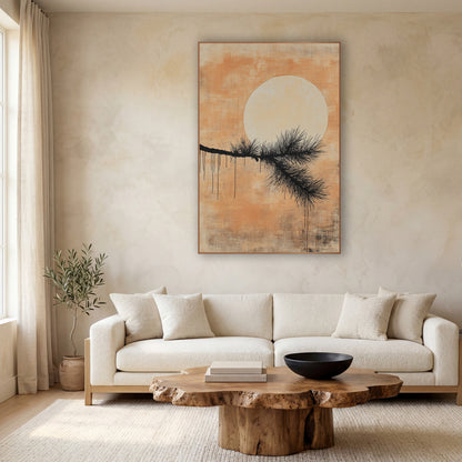 Black Pine Branch Pale Moon Japandi wall art in a calm Japandi-style room – black pine branch with fine needles