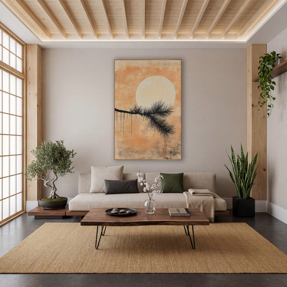 Black Pine Branch Pale Moon Japandi wall art in a calm Japandi-style room – black pine branch with fine needles
