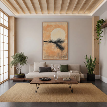Black Pine Branch Pale Moon Japandi wall art in a calm Japandi-style room – black pine branch with fine needles