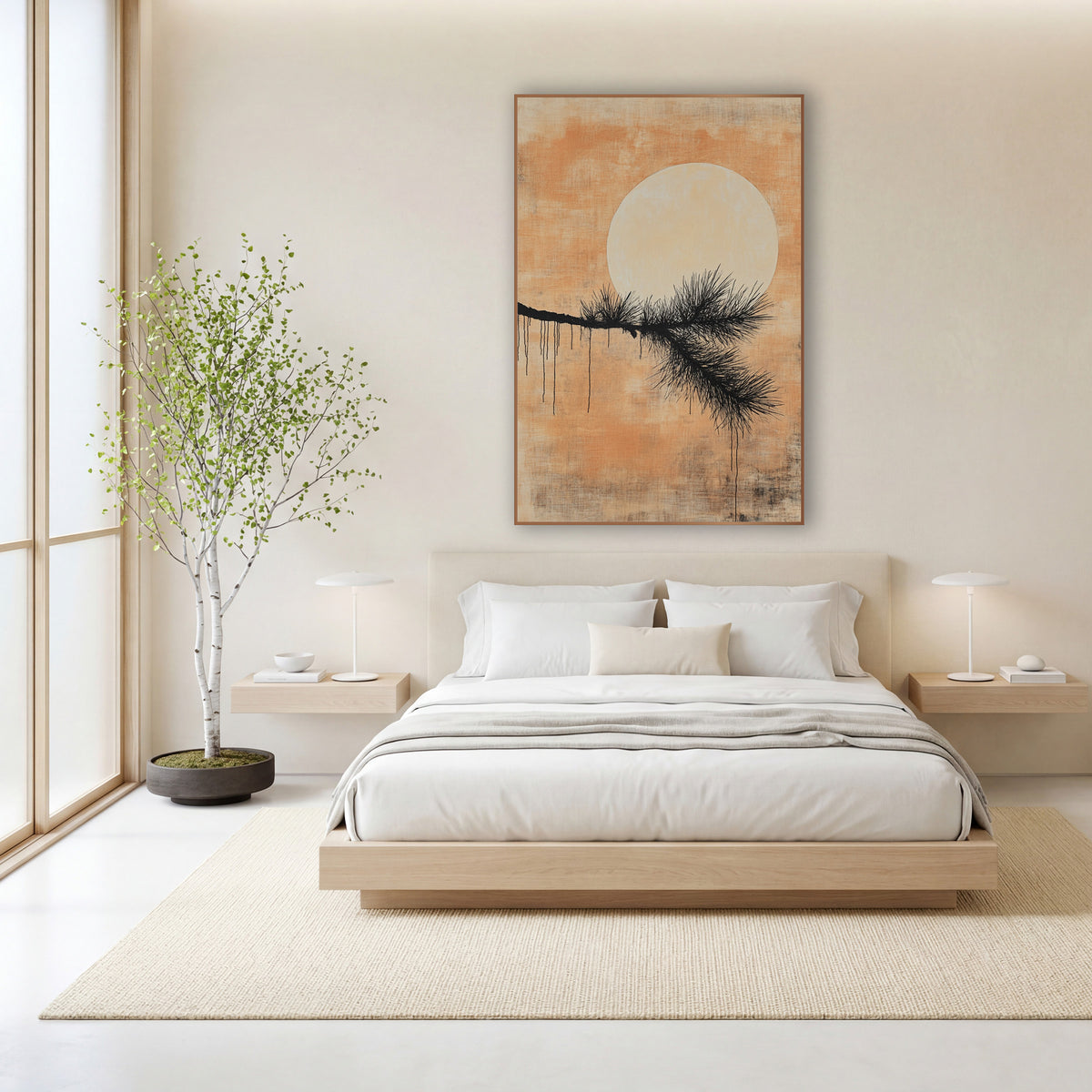 Black Pine Branch Pale Moon Japandi wall art in a calm Japandi-style room – black pine branch with fine needles