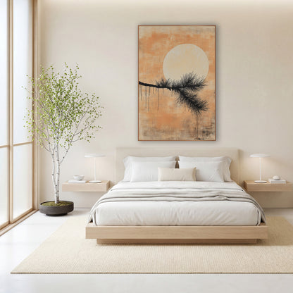 Black Pine Branch Pale Moon Japandi wall art in a calm Japandi-style room – black pine branch with fine needles