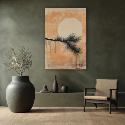 Black Pine Branch Pale Moon Japandi wall art in a calm Japandi-style room – black pine branch with fine needles