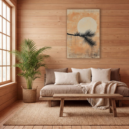 Black Pine Branch Pale Moon Japandi wall art in a calm Japandi-style room – black pine branch with fine needles