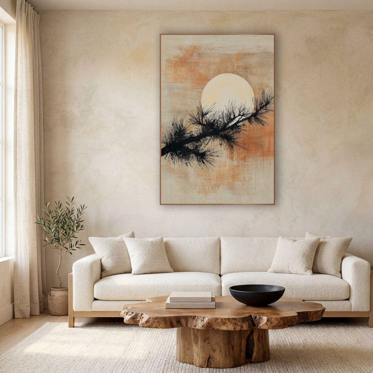 Evergreen Branch Pale Moon Japandi wall art in a calm Japandi-style room – black evergreen branch crossing a large