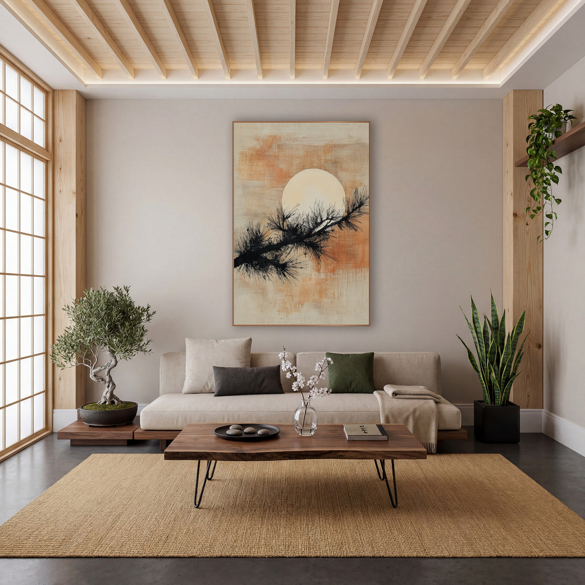 Evergreen Branch Pale Moon Japandi wall art in a calm Japandi-style room – black evergreen branch crossing a large