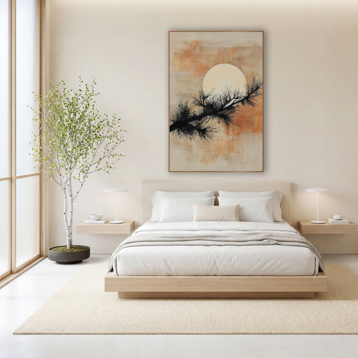 Evergreen Branch Pale Moon Japandi wall art in a calm Japandi-style room – black evergreen branch crossing a large
