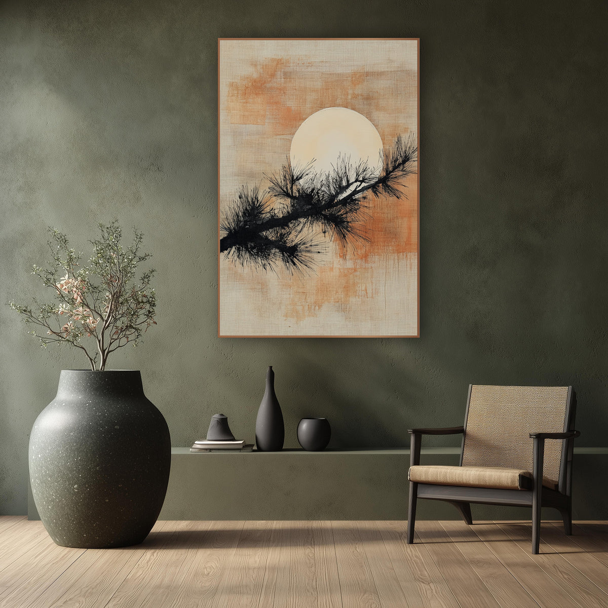Evergreen Branch Pale Moon Japandi wall art in a calm Japandi-style room – black evergreen branch crossing a large