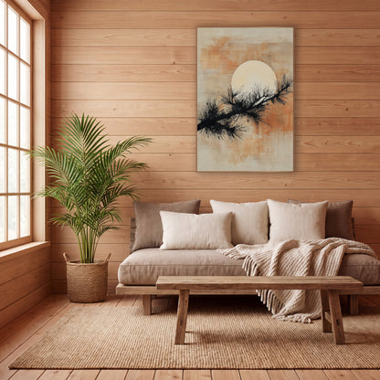 Evergreen Branch Pale Moon Japandi wall art in a calm Japandi-style room – black evergreen branch crossing a large