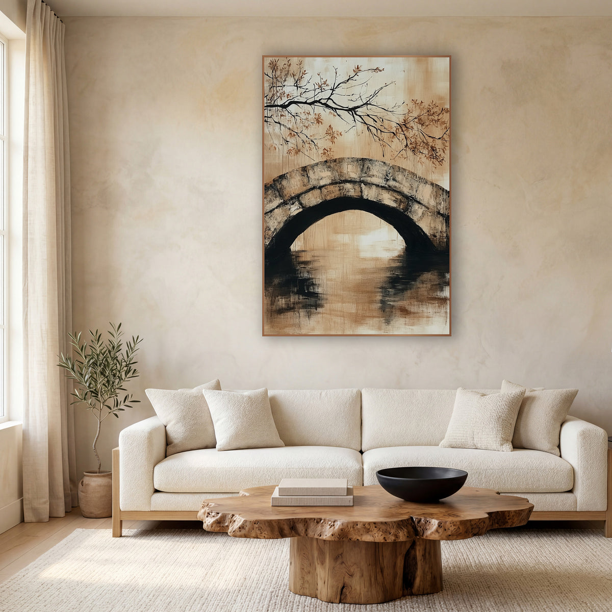 Stone Arch Bridge Branch Japandi wall art in a calm Japandi-style room – stone arch bridge over still water in sand
