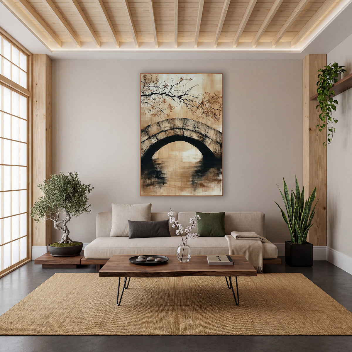 Stone Arch Bridge Branch Japandi wall art in a calm Japandi-style room – stone arch bridge over still water in sand