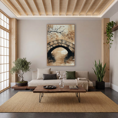 Stone Arch Bridge Branch Japandi wall art in a calm Japandi-style room – stone arch bridge over still water in sand