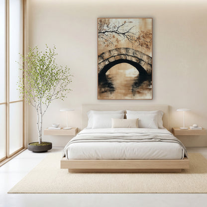 Stone Arch Bridge Branch Japandi wall art in a calm Japandi-style room – stone arch bridge over still water in sand