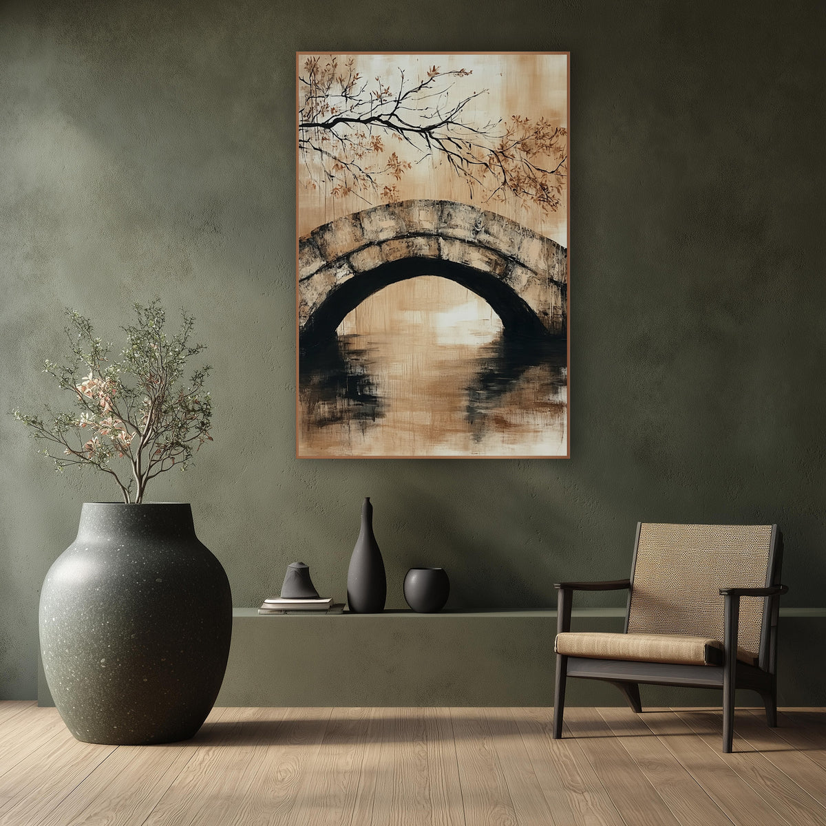 Stone Arch Bridge Branch Japandi wall art in a calm Japandi-style room – stone arch bridge over still water in sand
