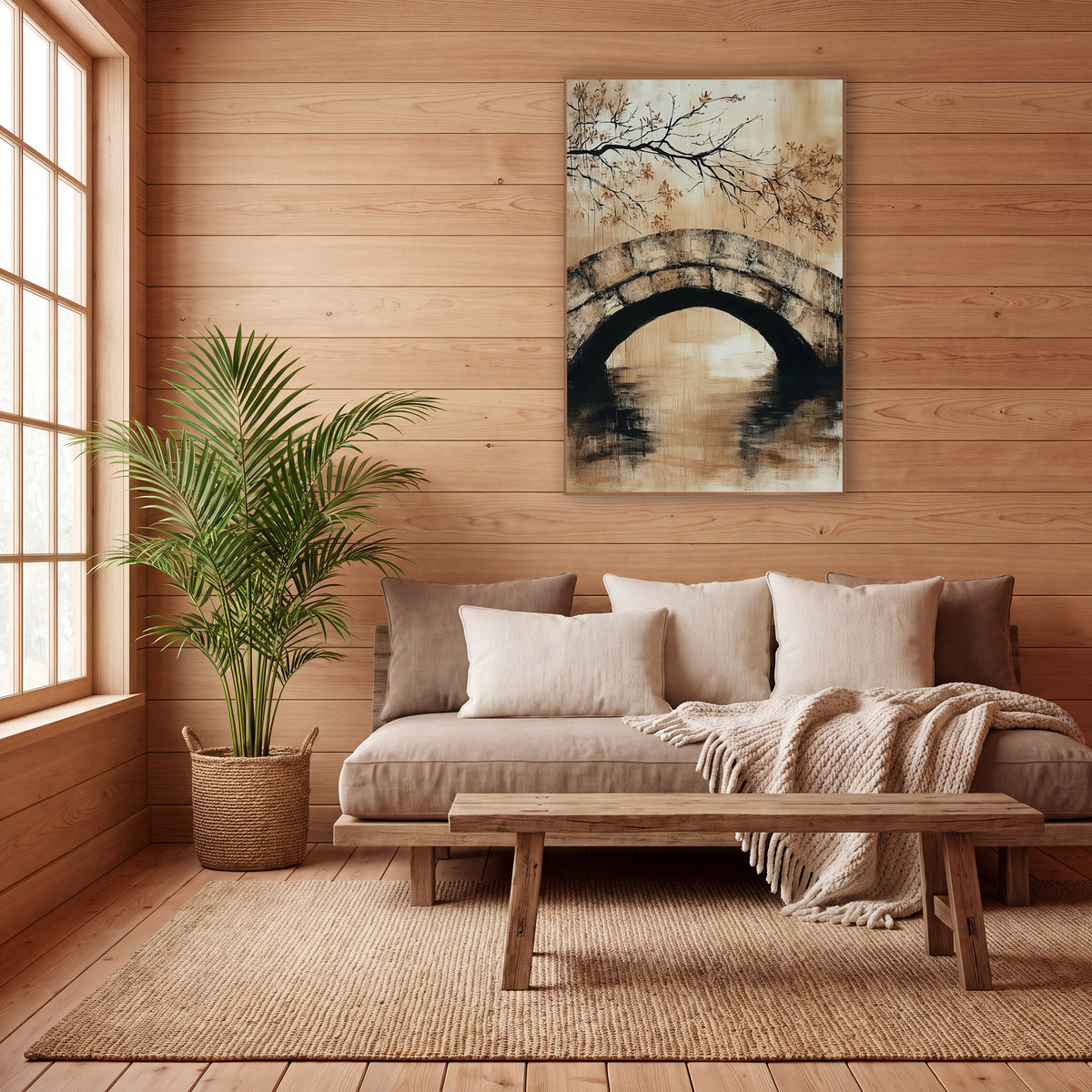 Stone Arch Bridge Branch Japandi wall art in a calm Japandi-style room – stone arch bridge over still water in sand