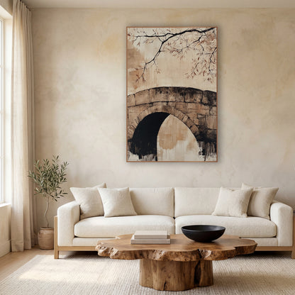 Old Stone Arch Bridge Japandi wall art in a calm Japandi-style room – stone arch bridge with a dark opening