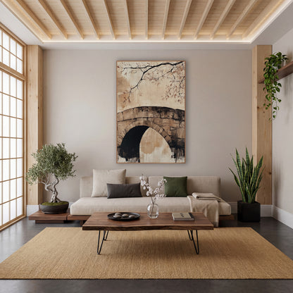 Old Stone Arch Bridge Japandi wall art in a calm Japandi-style room – stone arch bridge with a dark opening