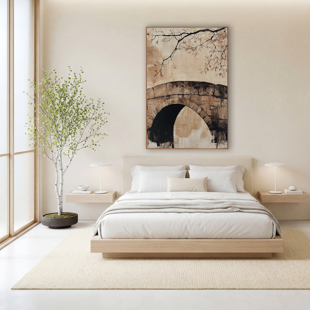 Old Stone Arch Bridge Japandi wall art in a calm Japandi-style room – stone arch bridge with a dark opening