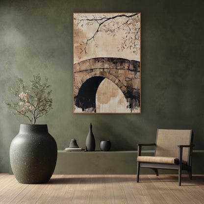 Old Stone Arch Bridge Japandi wall art in a calm Japandi-style room – stone arch bridge with a dark opening