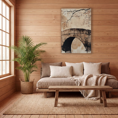 Old Stone Arch Bridge Japandi wall art in a calm Japandi-style room – stone arch bridge with a dark opening
