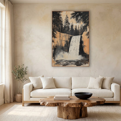 Waterfall Evergreen Ink Landscape wall art in a calm Japandi-style room – white waterfall over a peach rock cliff