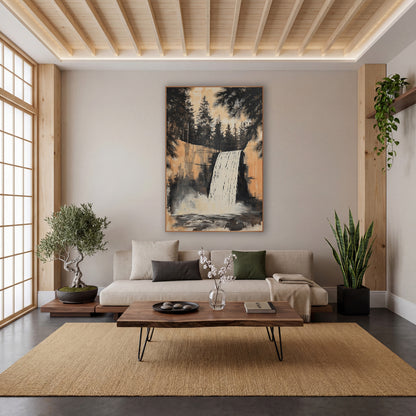 Waterfall Evergreen Ink Landscape wall art in a calm Japandi-style room – white waterfall over a peach rock cliff