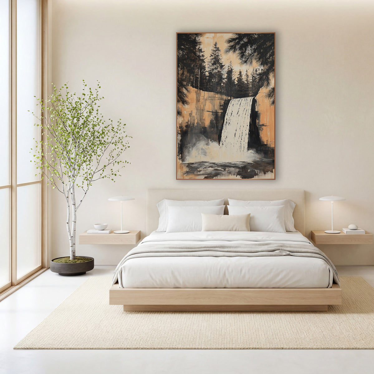 Waterfall Evergreen Ink Landscape wall art in a calm Japandi-style room – white waterfall over a peach rock cliff