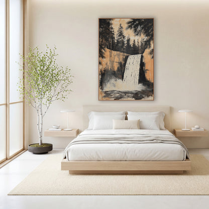 Waterfall Evergreen Ink Landscape wall art in a calm Japandi-style room – white waterfall over a peach rock cliff