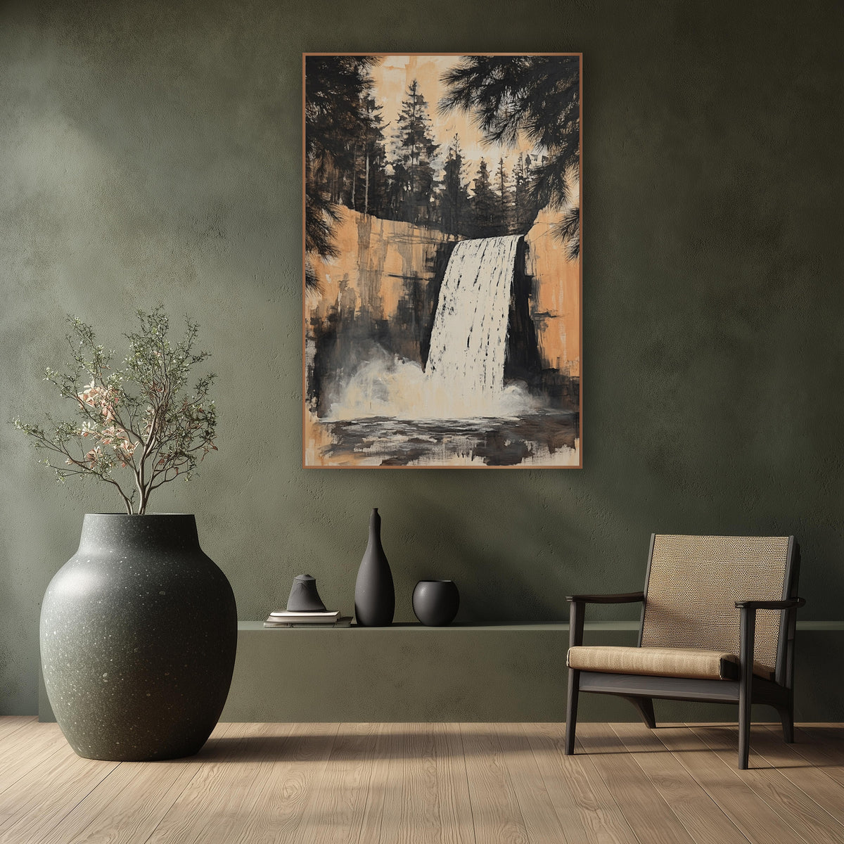 Waterfall Evergreen Ink Landscape wall art in a calm Japandi-style room – white waterfall over a peach rock cliff