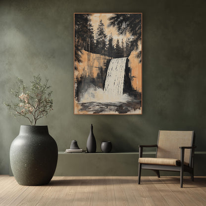 Waterfall Evergreen Ink Landscape wall art in a calm Japandi-style room – white waterfall over a peach rock cliff