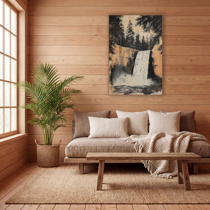 Waterfall Evergreen Ink Landscape wall art in a calm Japandi-style room – white waterfall over a peach rock cliff