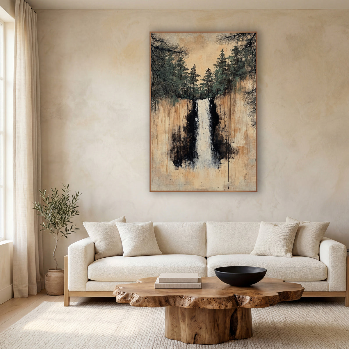 Slender Cascade Beneath Pines wall art in a calm Japandi-style room – white waterfall between dark cliffs
