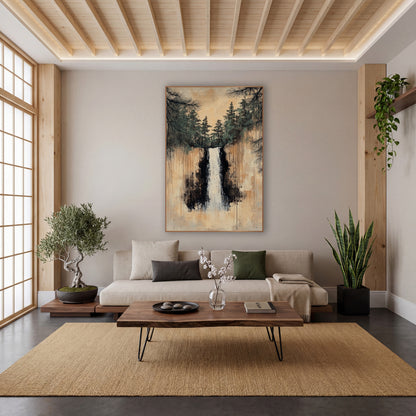 Slender Cascade Beneath Pines wall art in a calm Japandi-style room – white waterfall between dark cliffs