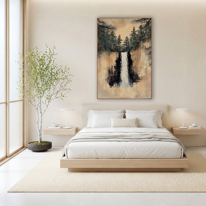 Slender Cascade Beneath Pines wall art in a calm Japandi-style room – white waterfall between dark cliffs