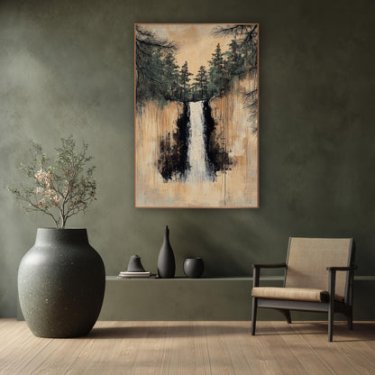 Slender Cascade Beneath Pines wall art in a calm Japandi-style room – white waterfall between dark cliffs