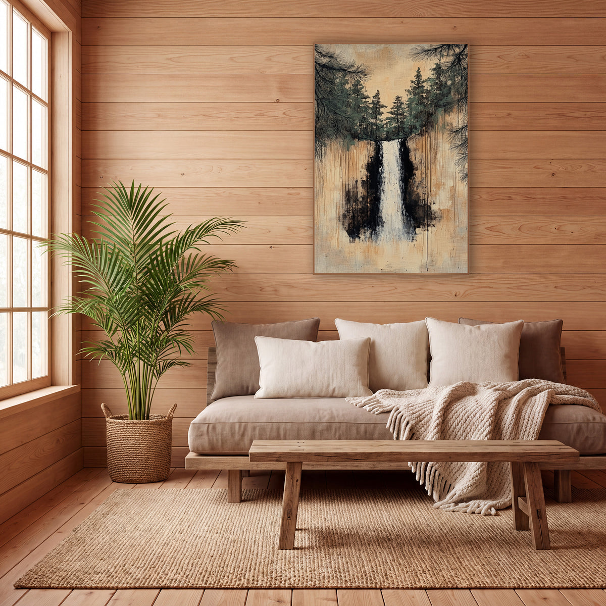 Slender Cascade Beneath Pines wall art in a calm Japandi-style room – white waterfall between dark cliffs