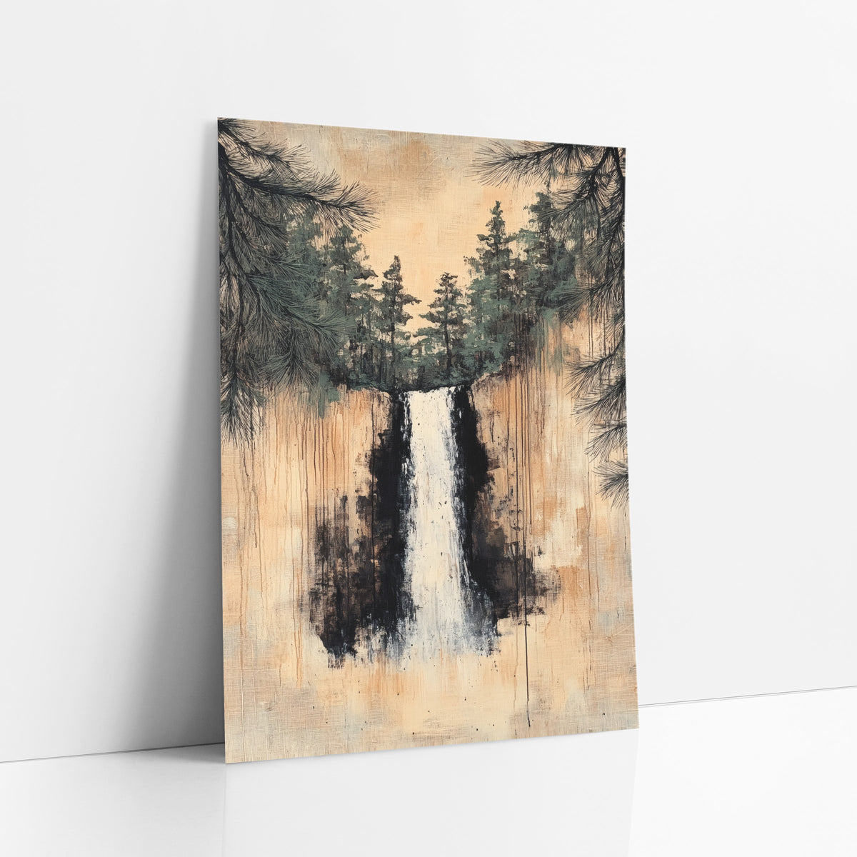 Slender Cascade Beneath Pines art print leaning against a white wall – white waterfall between dark cliffs with evergreen
