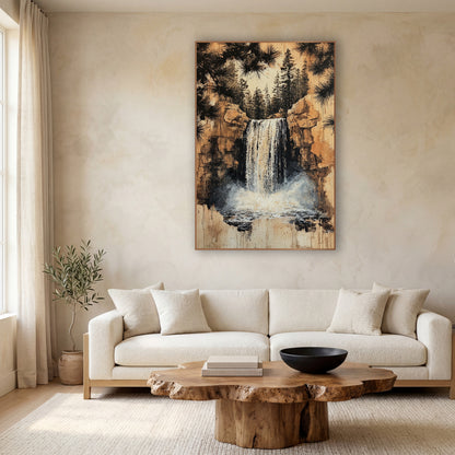 Misty Falls Amber Cliffs wall art in a calm Japandi-style room – waterfall between tan rock cliffs with white mist