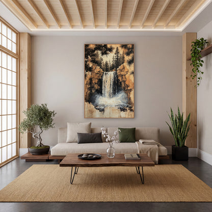Misty Falls Amber Cliffs wall art in a calm Japandi-style room – waterfall between tan rock cliffs with white mist