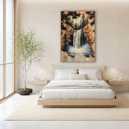 Misty Falls Amber Cliffs wall art in a calm Japandi-style room – waterfall between tan rock cliffs with white mist