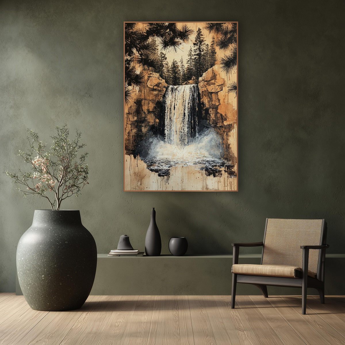 Misty Falls Amber Cliffs wall art in a calm Japandi-style room – waterfall between tan rock cliffs with white mist
