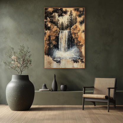 Misty Falls Amber Cliffs wall art in a calm Japandi-style room – waterfall between tan rock cliffs with white mist