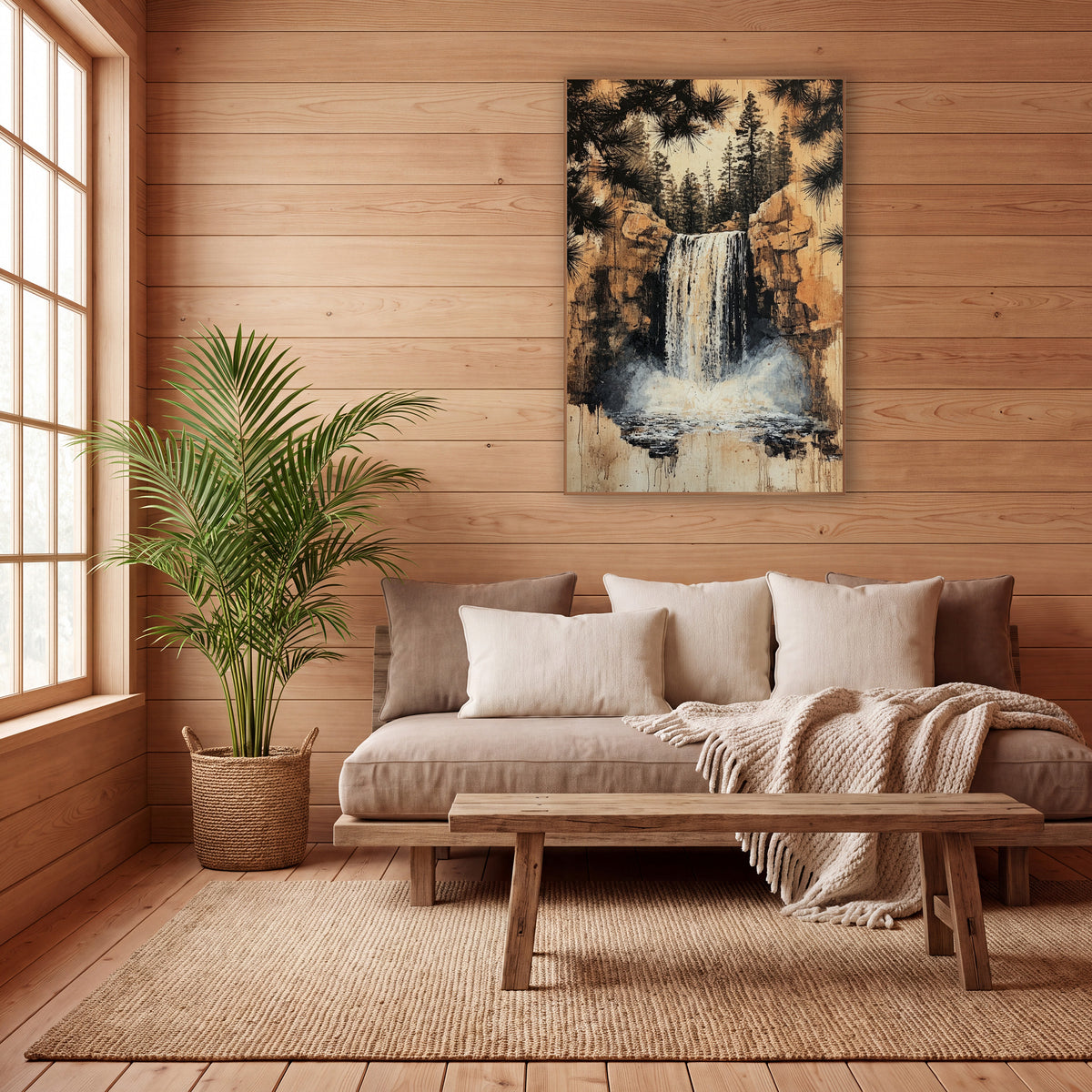 Misty Falls Amber Cliffs wall art in a calm Japandi-style room – waterfall between tan rock cliffs with white mist