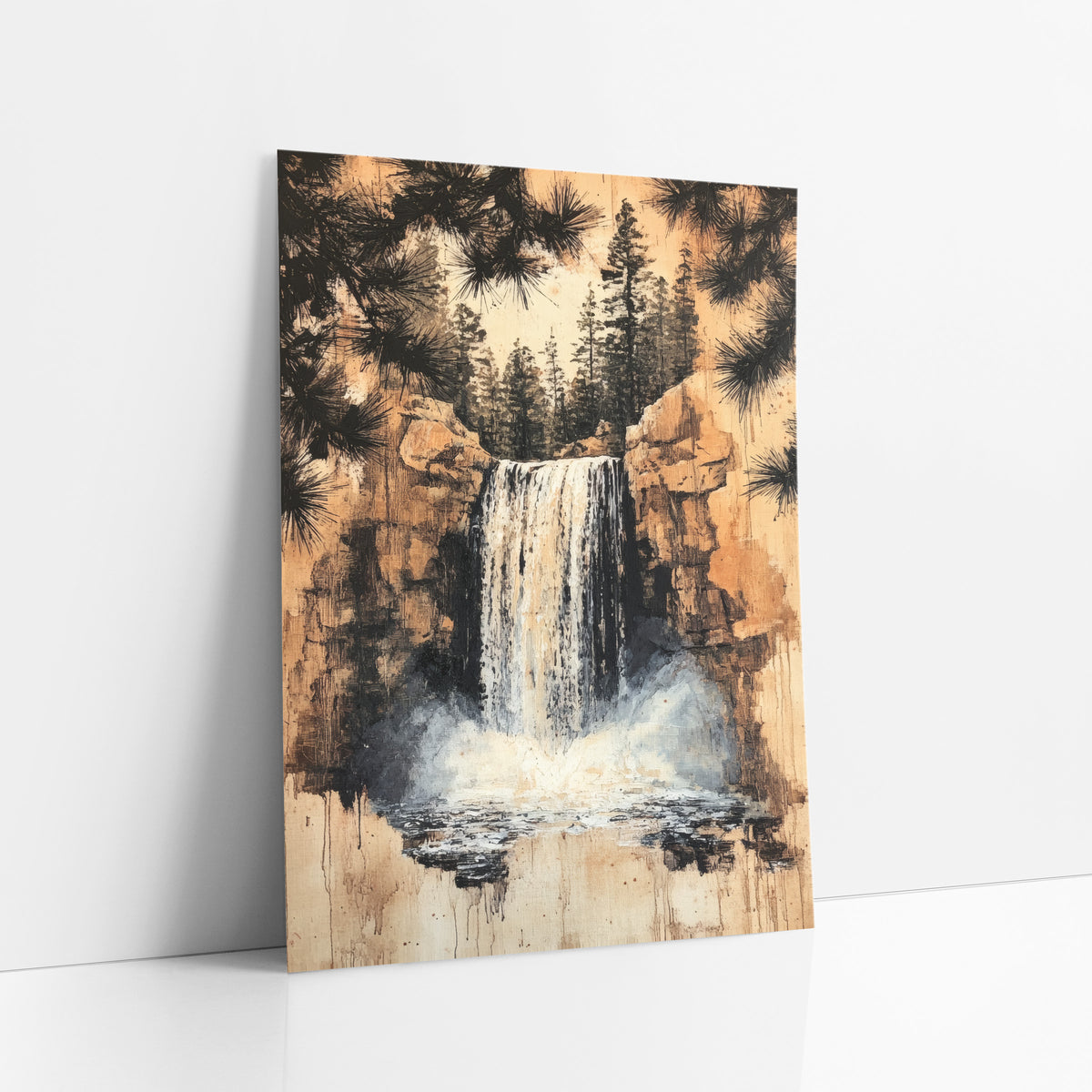 Misty Falls Amber Cliffs art print leaning against a white wall – waterfall between tan rock cliffs with white mist, framed