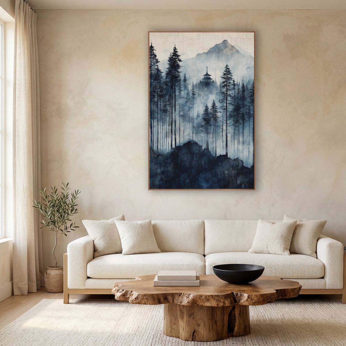 Crackled Sky Pagoda Pines Japandi wall art in a calm Japandi-style room – blue and navy misty evergreen forest