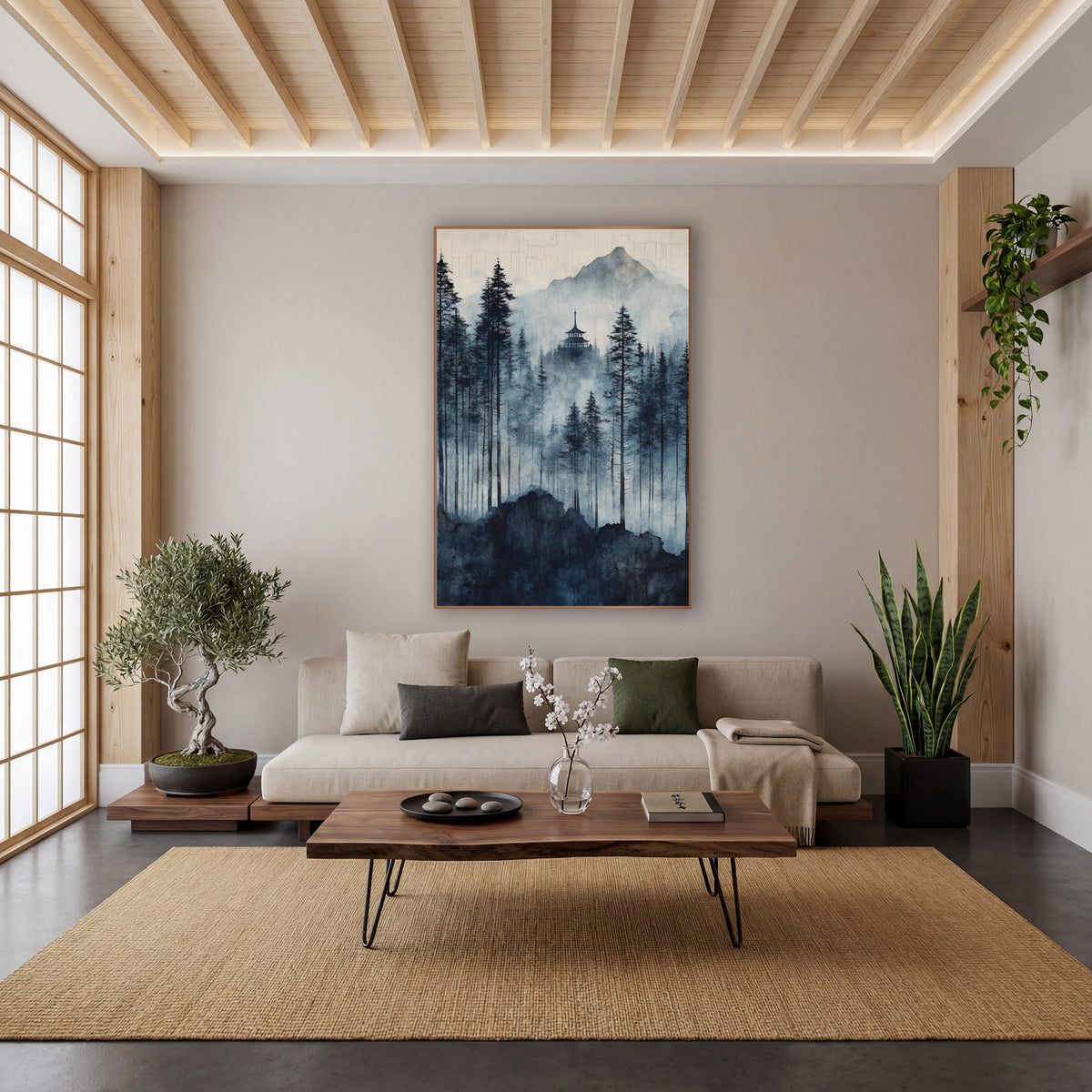 Crackled Sky Pagoda Pines Japandi wall art in a calm Japandi-style room – blue and navy misty evergreen forest