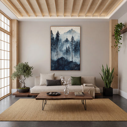 Crackled Sky Pagoda Pines Japandi wall art in a calm Japandi-style room – blue and navy misty evergreen forest